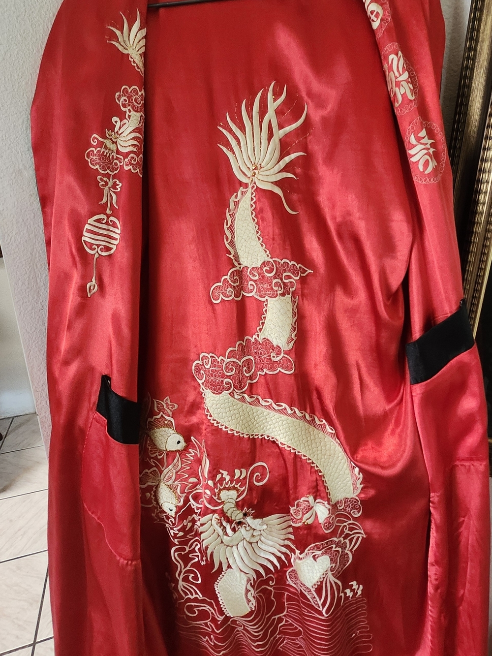 Red Embroidered Silk Kimono Jacket with Gold Dragon Motif